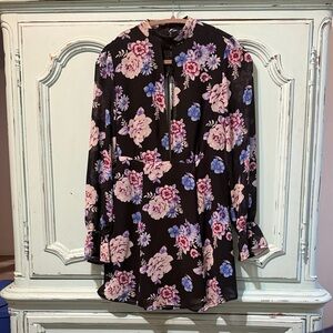 Chic Floral Black Blouse with Pink and Blue Accents